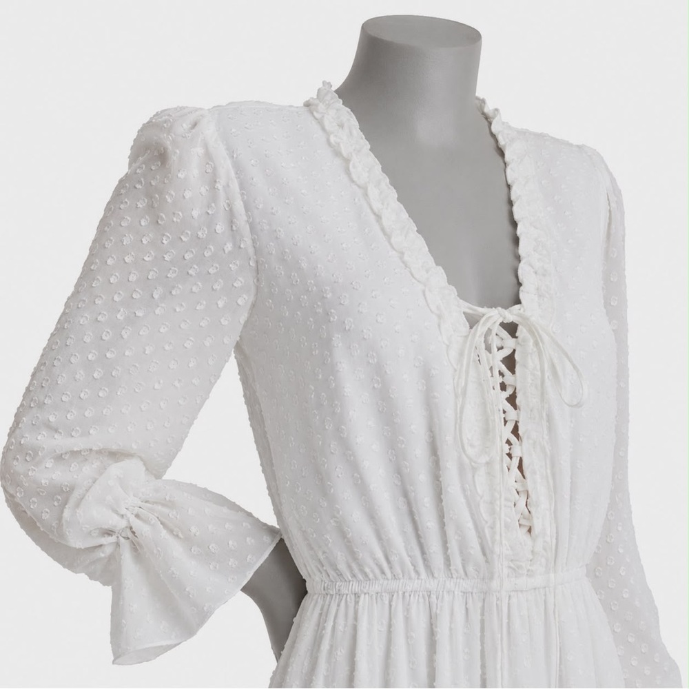 NWOT Sz Med. VENUS. White SwissDot Boho Mini Lace-up Dress w/sheer sleeves - Picture 7 of 9